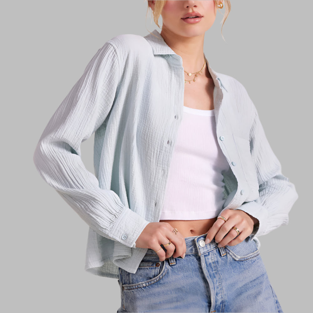 Bobi Cropped Button-Down Long Sleeve Shirt-Powder Blue