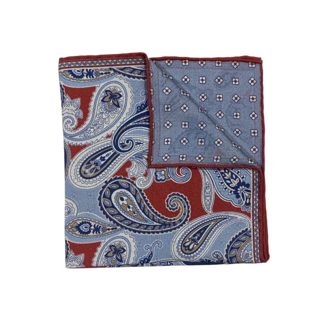 Geoff Nicholson Reversible Pocket Square-Fancy Paisley-Blue Mix/Red