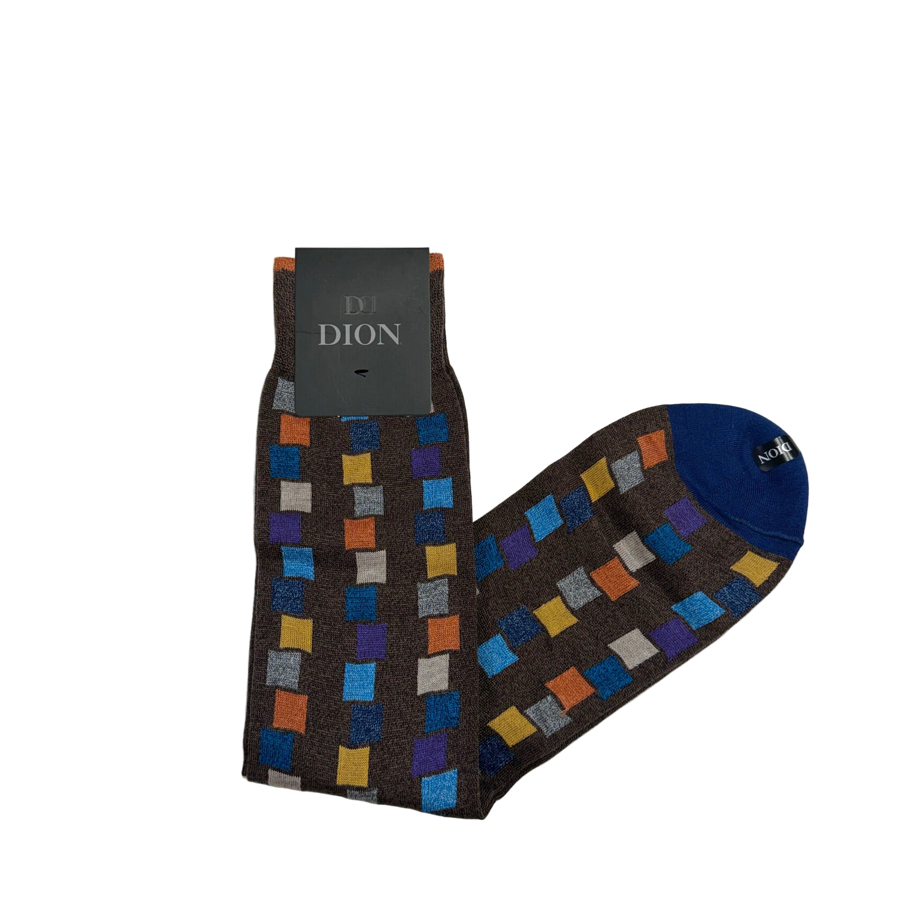 Dion Mercerized Mid-Calf Dress Sock- Multi Square- Brown/Multi