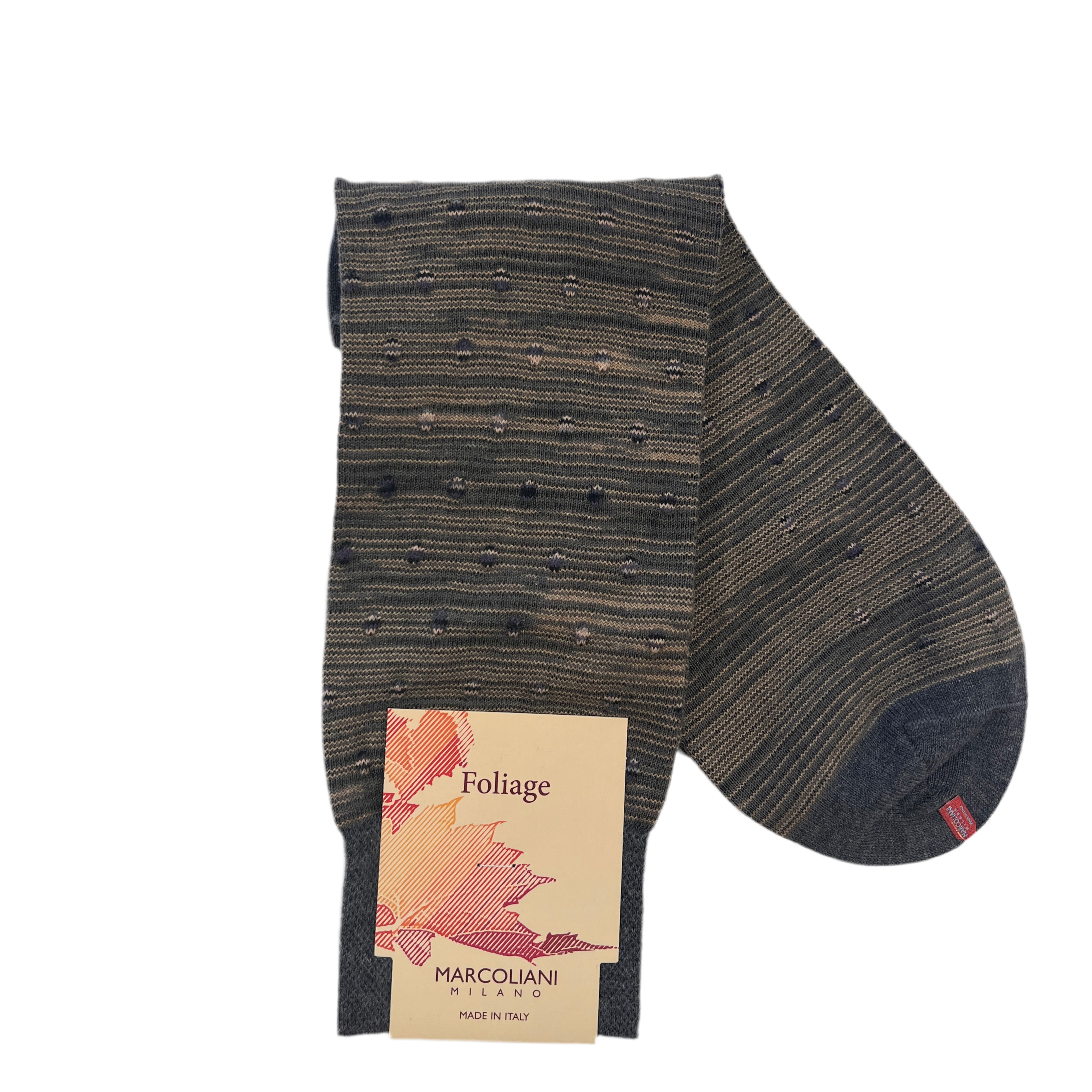 Marcoliani Mid-Calf Foliage Dress Sock-Shaded Polka-Charcoal Camel