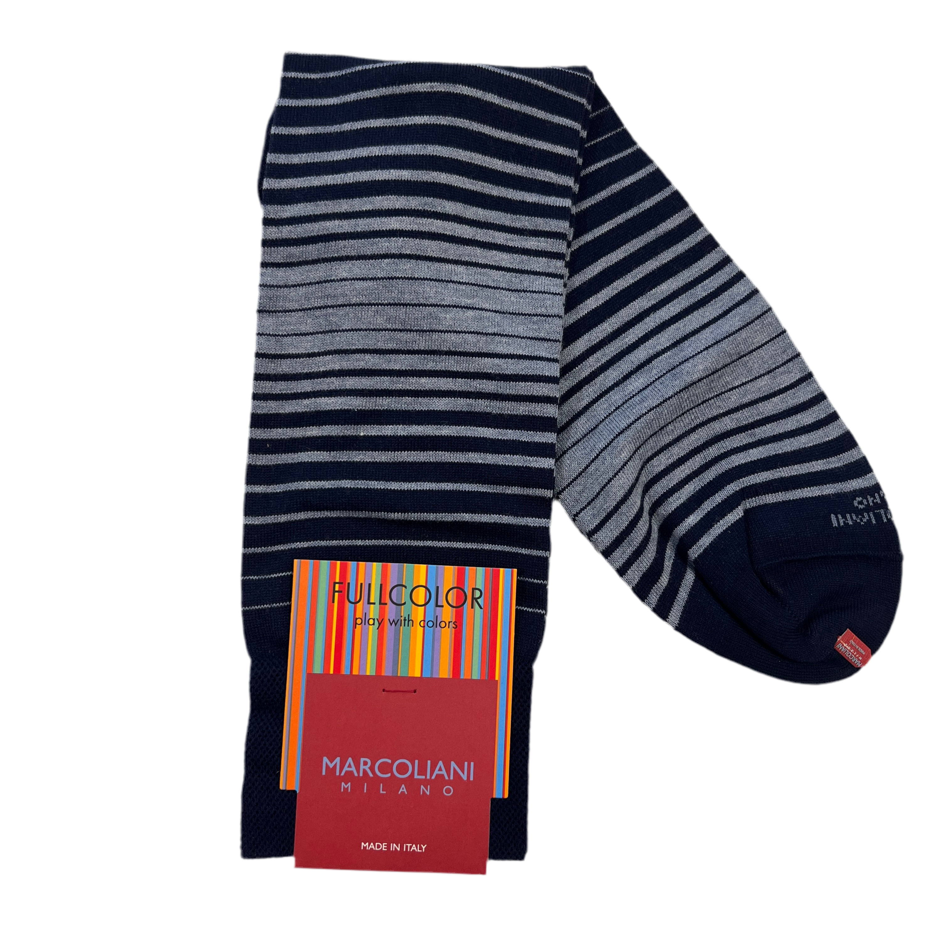 Marcoliani Mid-Calf Fullcolor Dress Sock-Shaded Stripes-Navy