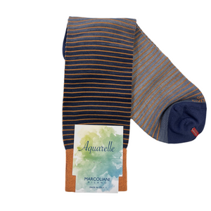 Marcoliani Mid-Calf Aquarelle Dress Sock-Shaded Stripes-Denim Orange