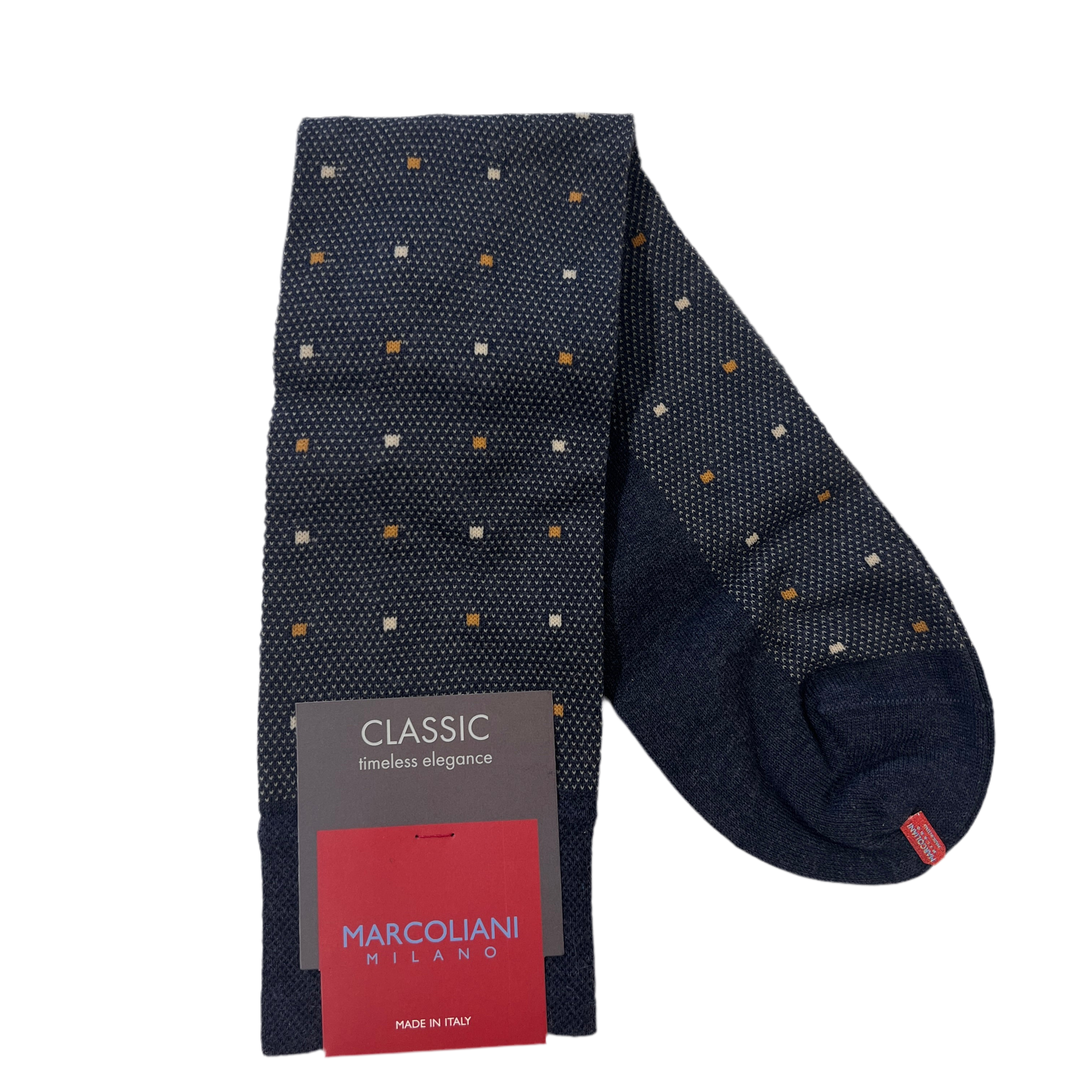Marcoliani Mid-Calf Classic Dress Sock- Contemporary Dots- Indigo Blue