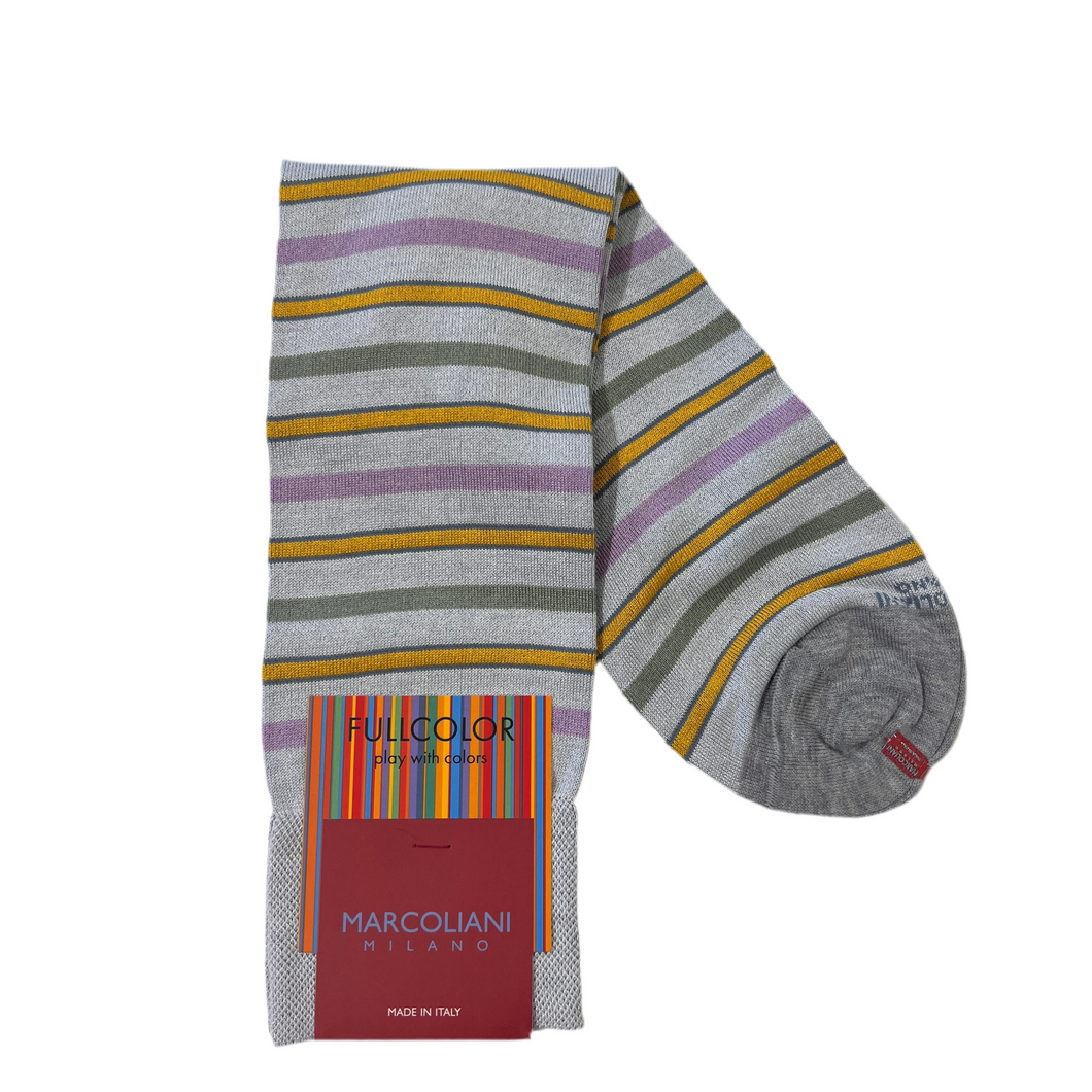 Marcoliani Mid-Calf Fullcolor Dress Sock-Polo Stripe-Ice Grey