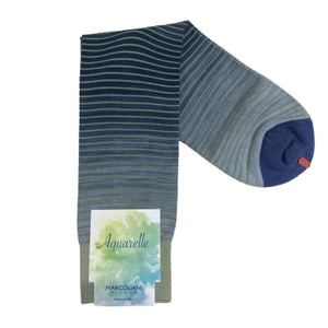 Marcoliani Mid-Calf Aquarelle Dress Sock-Shaded Stripes-Denim Green