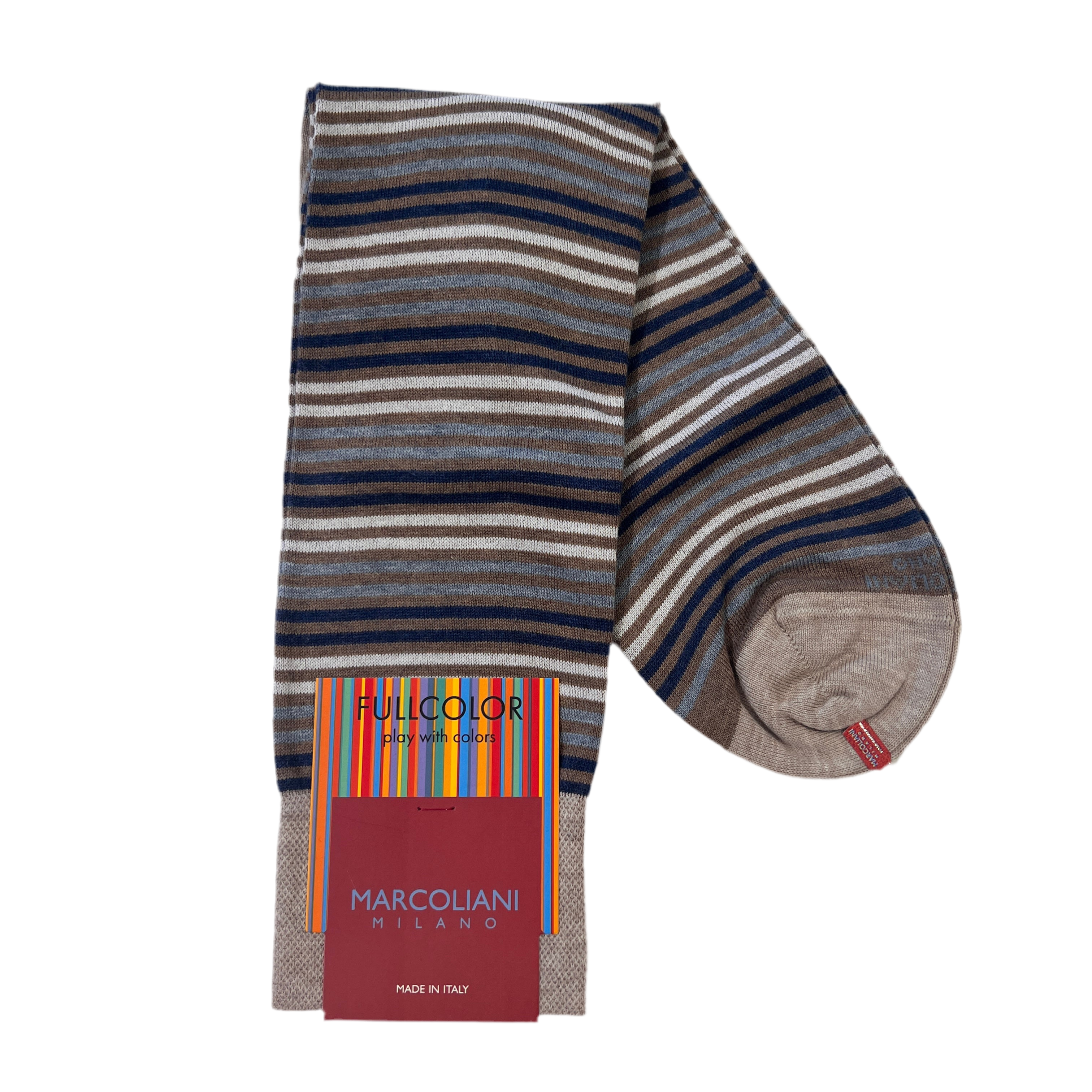 Marcoliani Mid-Calf Fullcolor Dress Sock-Simple Stripe-Cappuccino