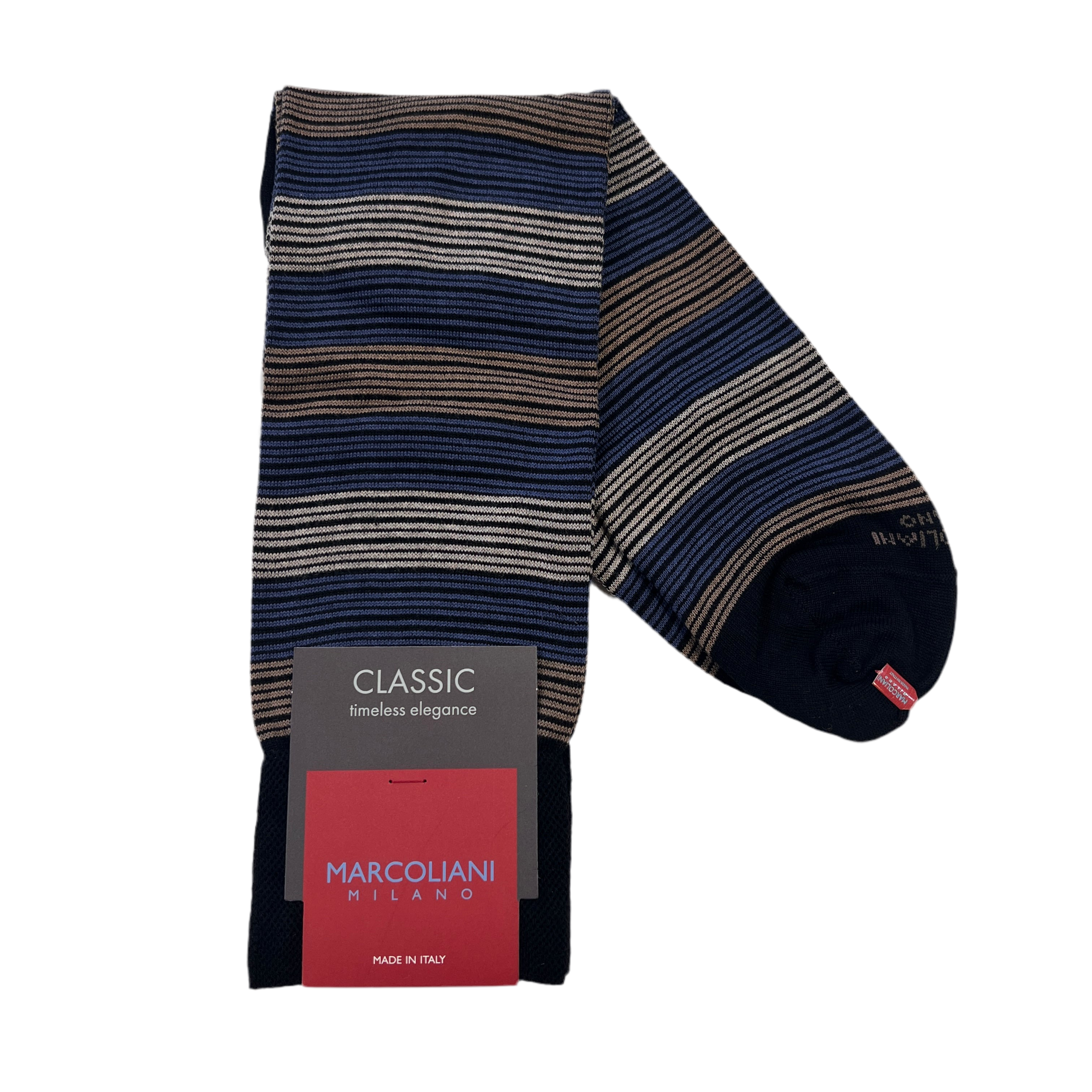 Marcoliani Mid-Calf Classic Dress Sock-Scala Stripe-Black Camel