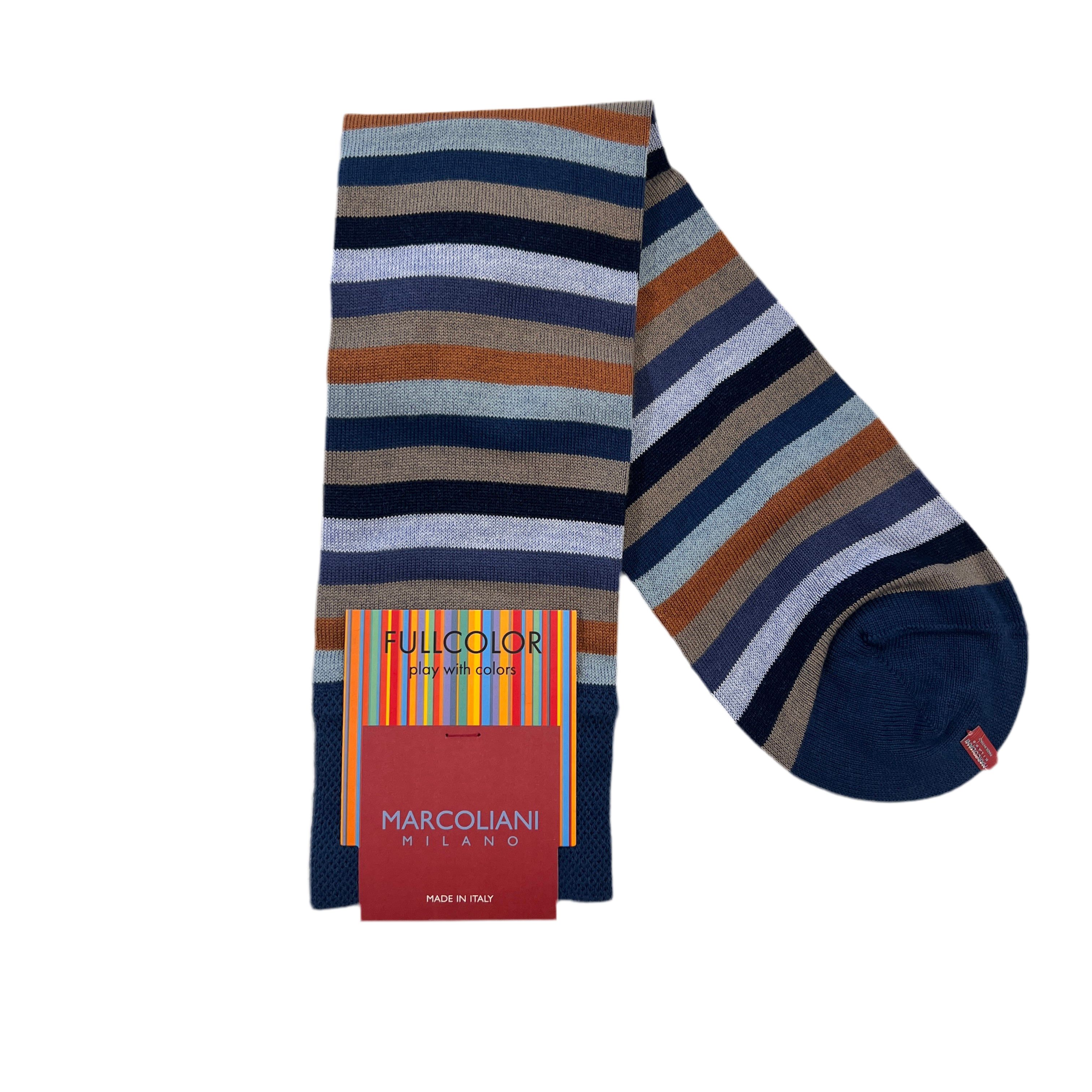 Marcoliani Mid-Calf Fullcolor Dress Sock-Rainbow Stripe-Navy Brown