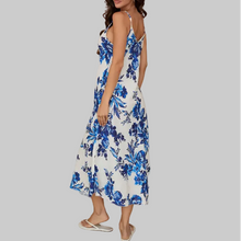 Load image into Gallery viewer, Milio Milano Spaghetti Strap V-Neck Dress-White/Blue Floral Print
