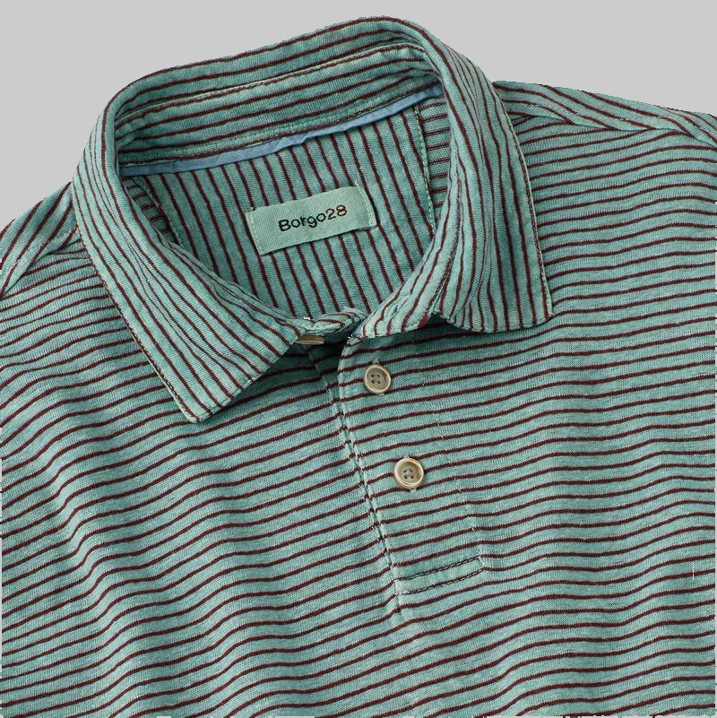 Borgo28 Striped Short-Sleeved Garmet Dyed Polo-Mint