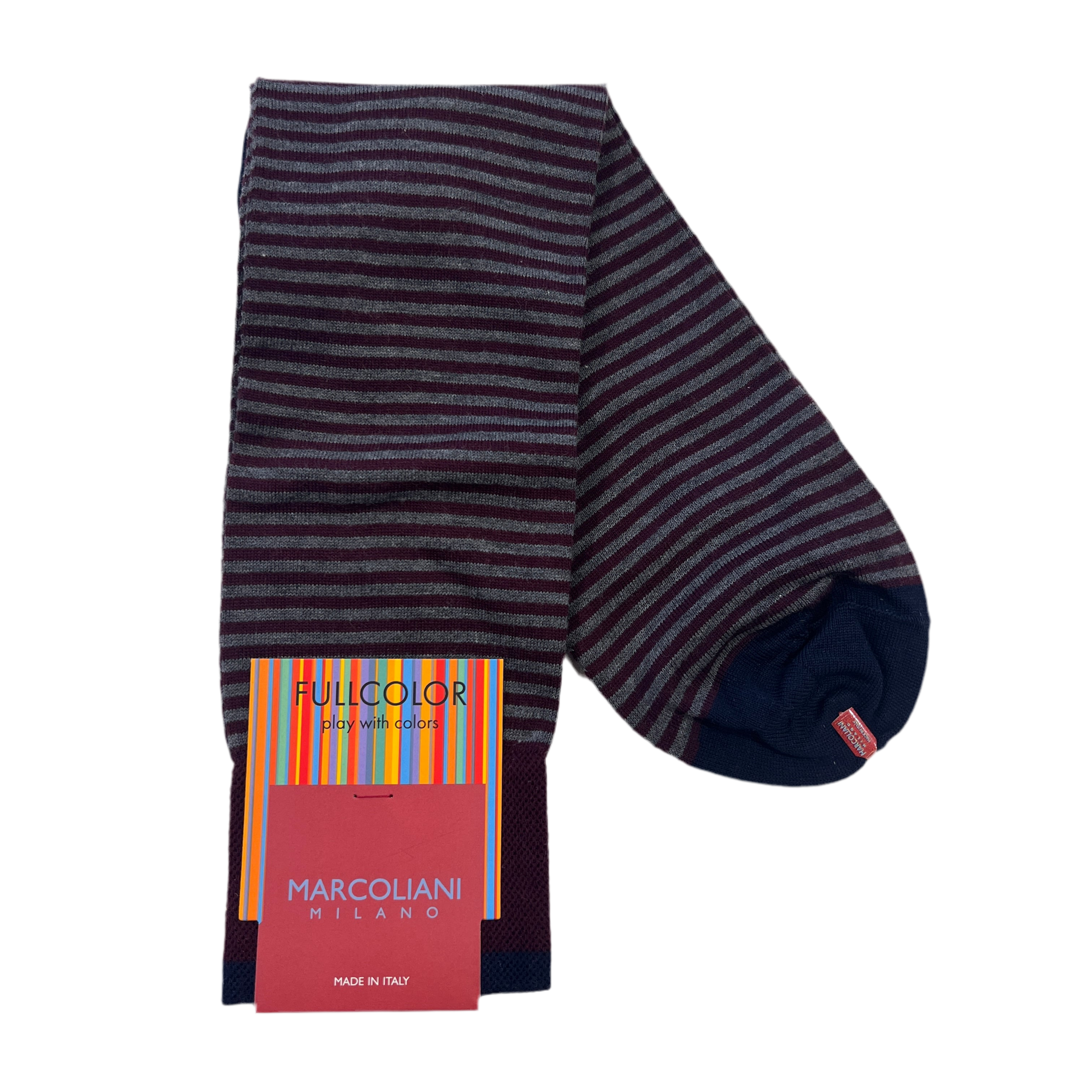 Marcoliani Mid-Calf Fullcolor Dress Sock- Palio Stripe- Barolo Red
