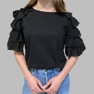 Zenara Ruffle 3/4 Sleeve Knit Cotton Top-Black
