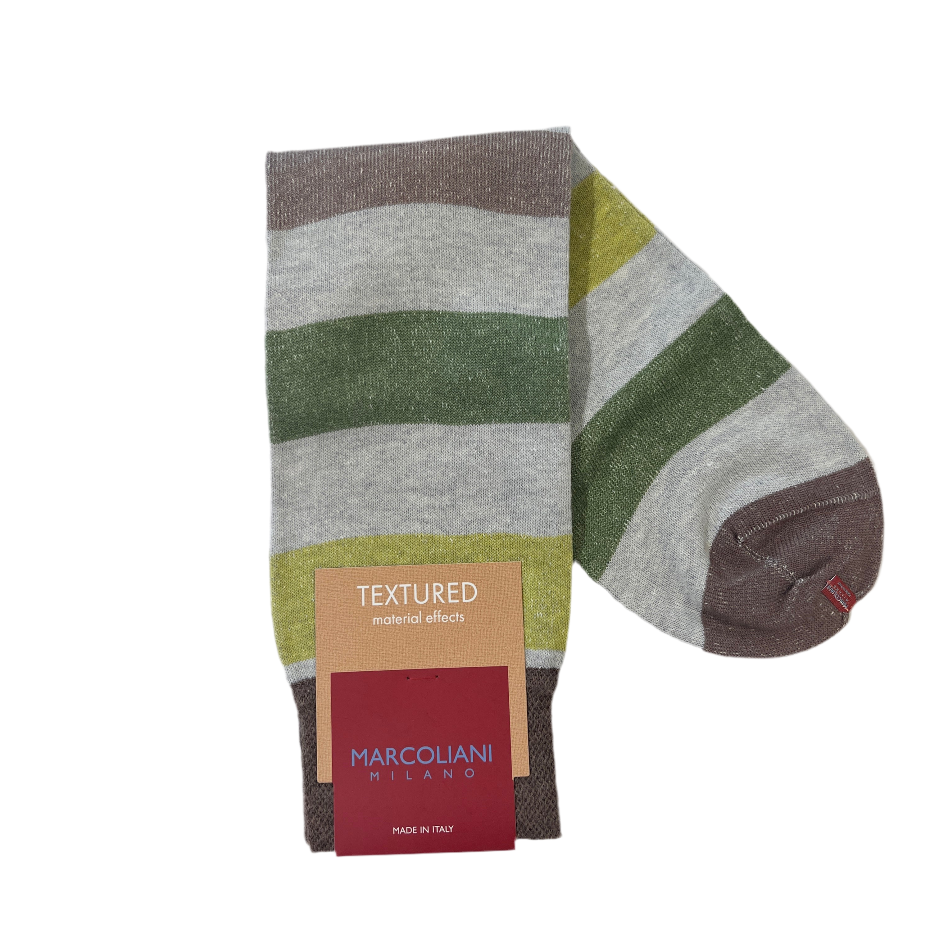 Marcoliani Mid-Calf Textured Dress Sock- Cruise Stripe- Olive Beige
