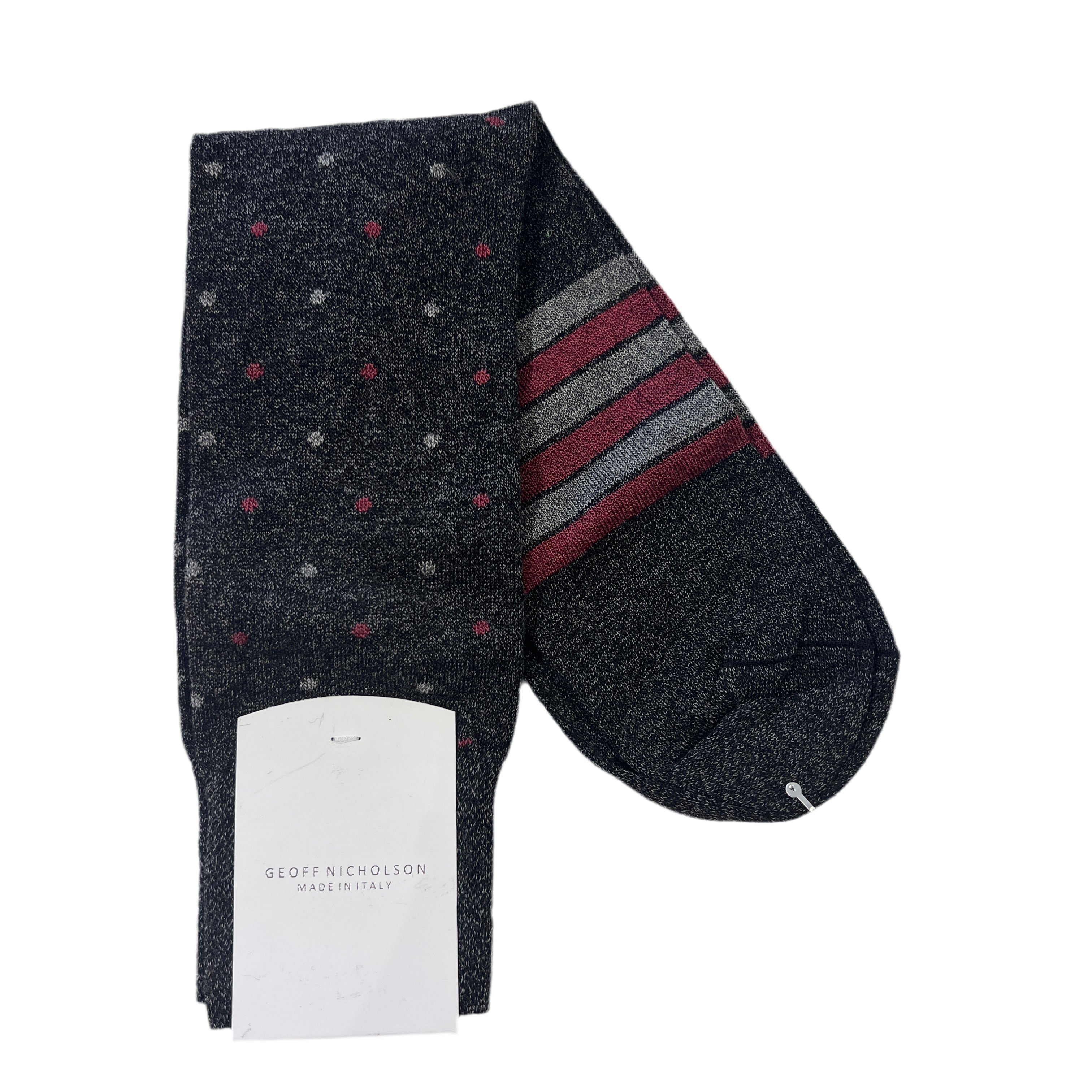 Geoff Nicholson Mid-Calf Socks-Charcoal Fuxia Dot