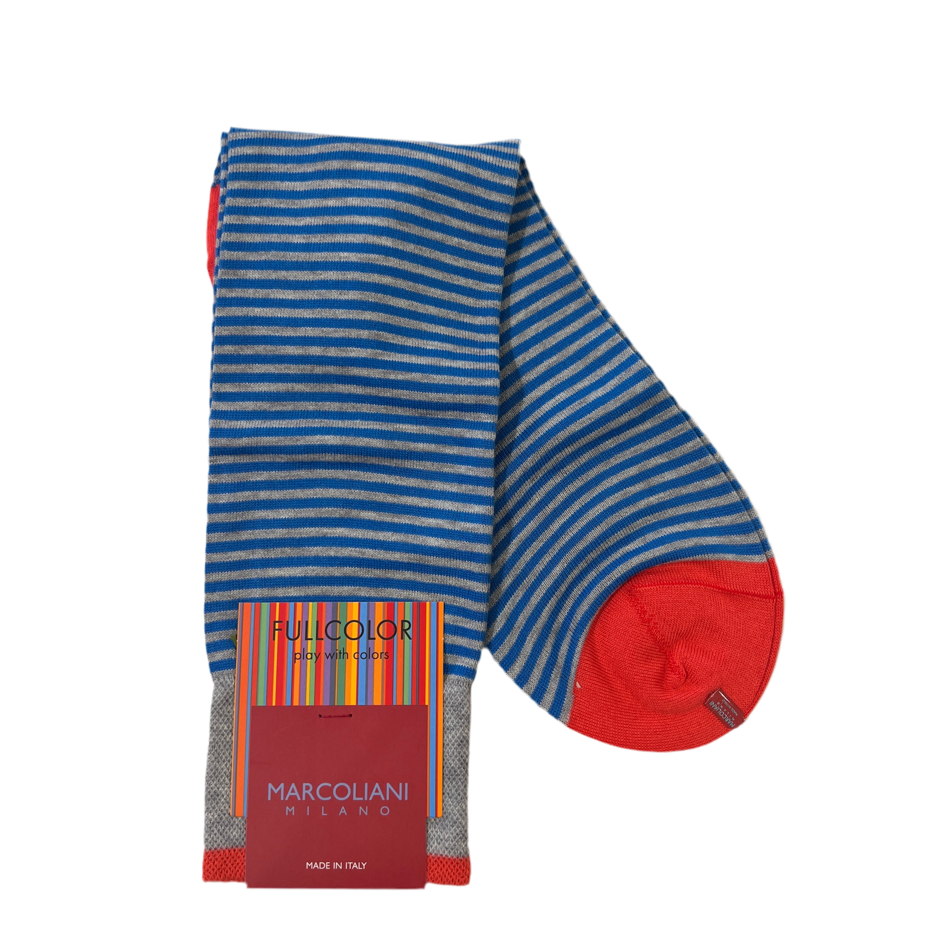 Marcoliani Mid-Calf Fullcolor Dress Sock-Palio Stripe-Flannel Turquoise