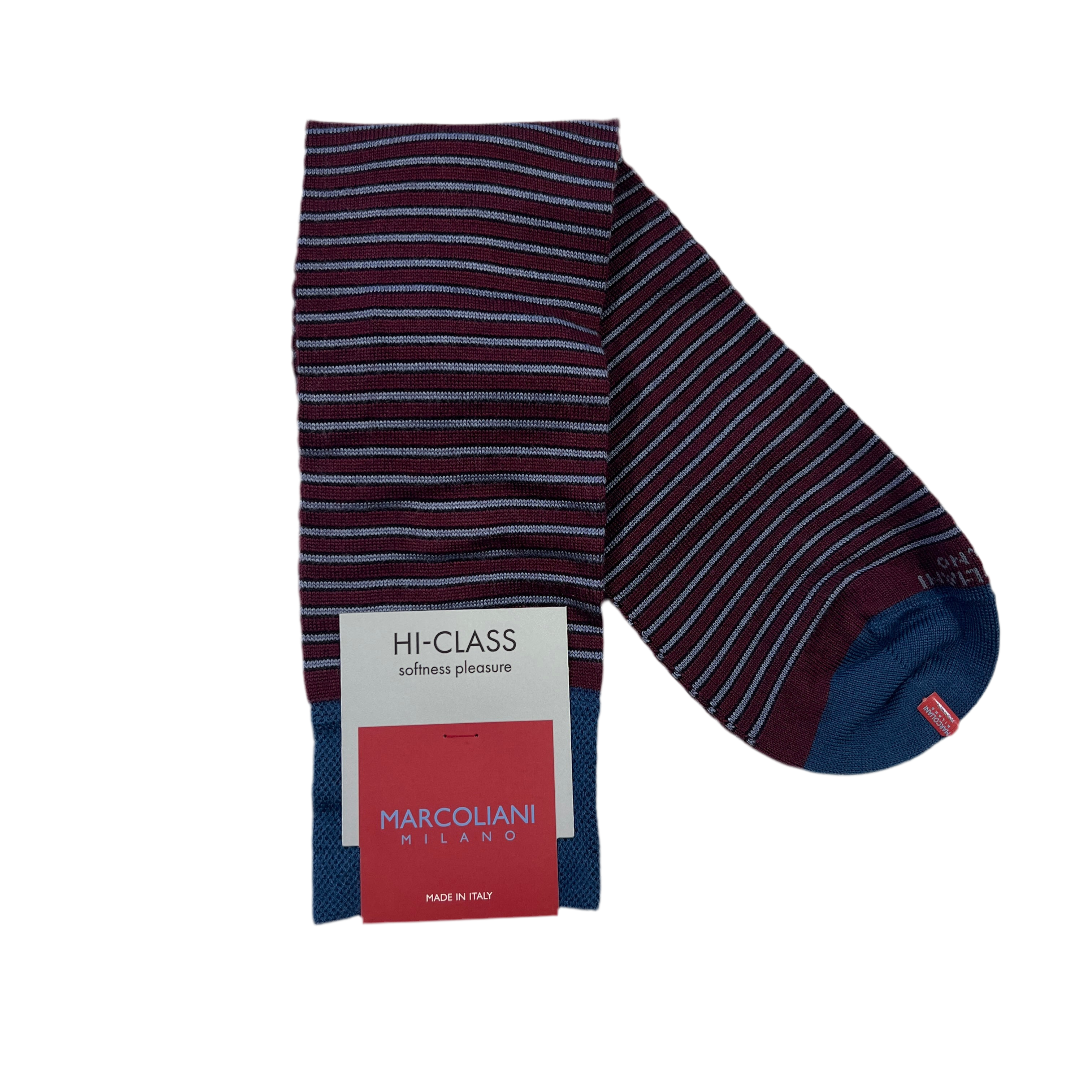 Marcoliani Mid-Calf Hi-Class Dress Sock-Charming Stripe-Barolo Red