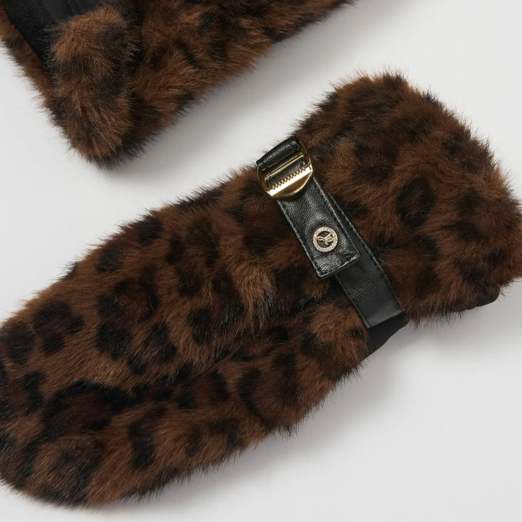Joseph Ribkoff Faux Fur Leopard Print Mittens-Beige/Black
