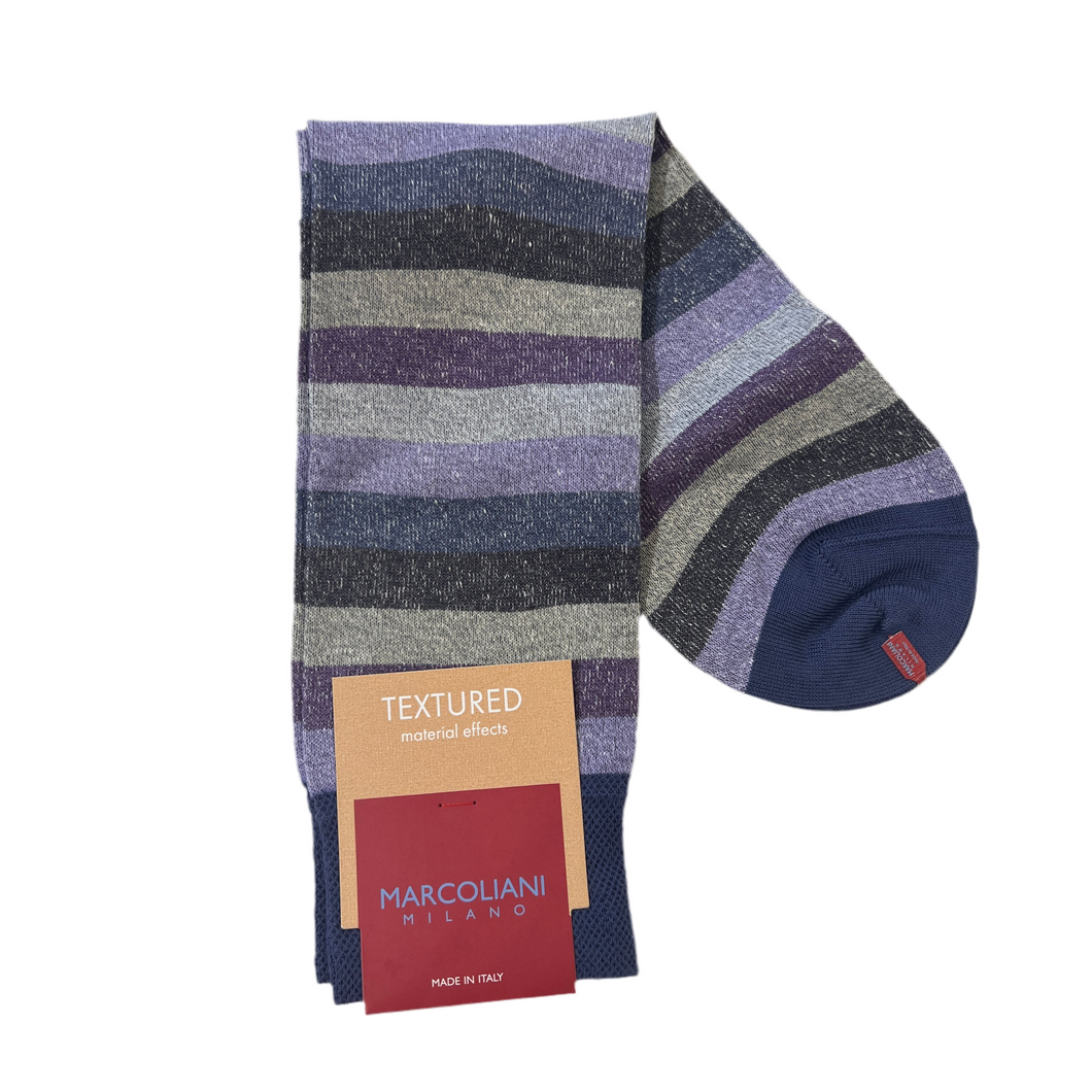 Marcoliani Mid-Calf Textured Dress Sock-Tonal Stripe-Denim Lavender