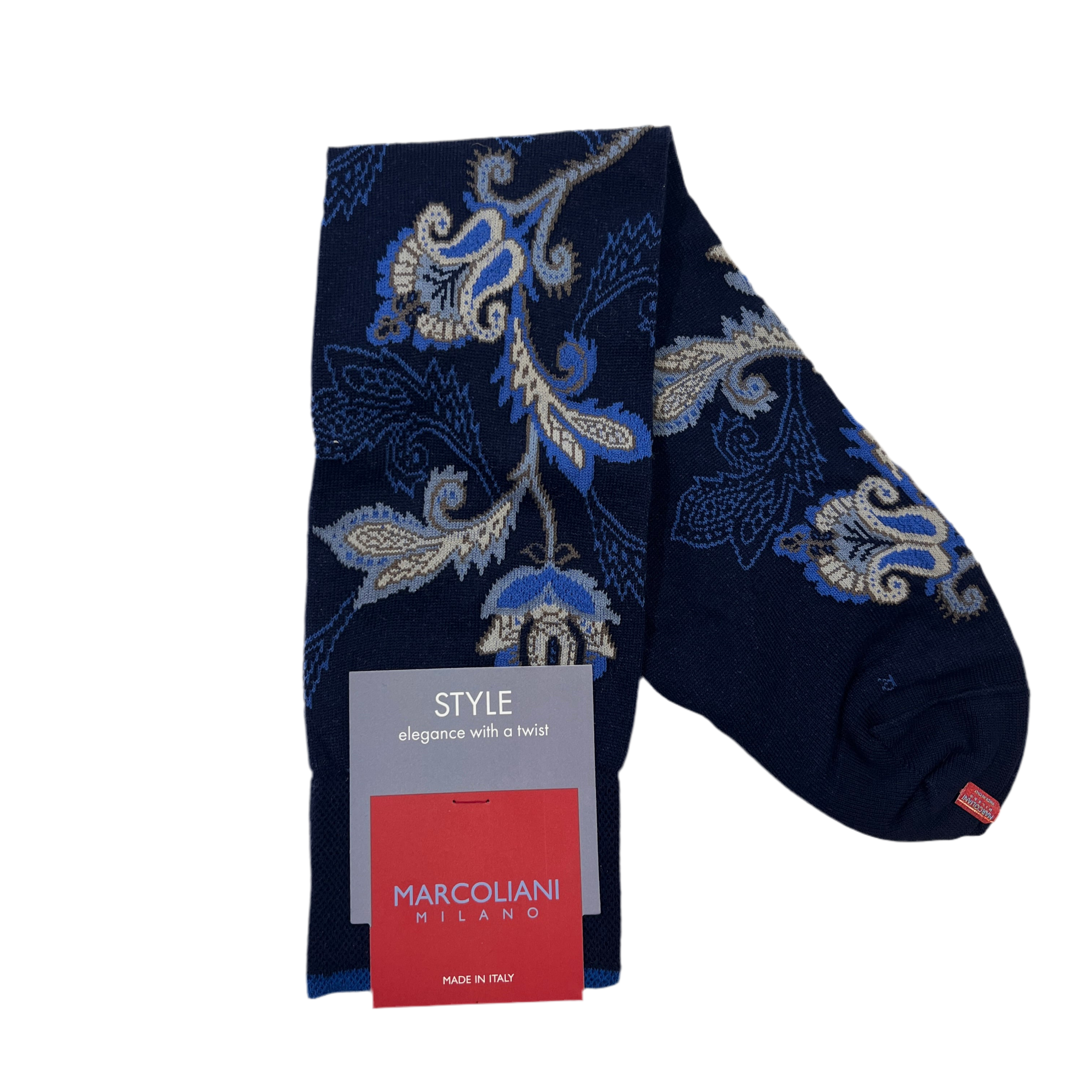Marcoliani Mid-Calf Style Dress Sock-Moghul Flower-Navy