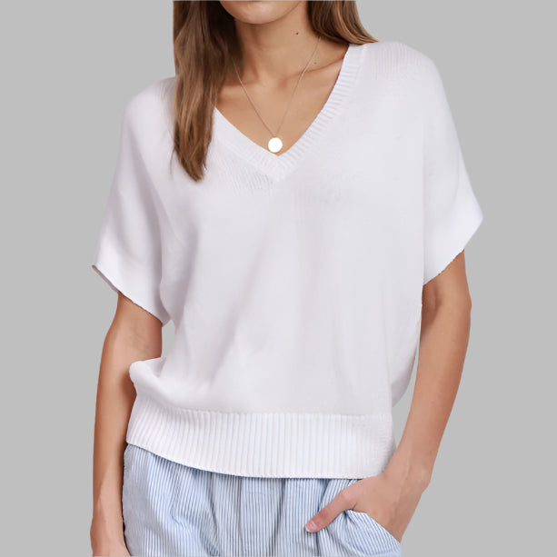 Dylan Short-Sleeve V-Neck Sweater-White