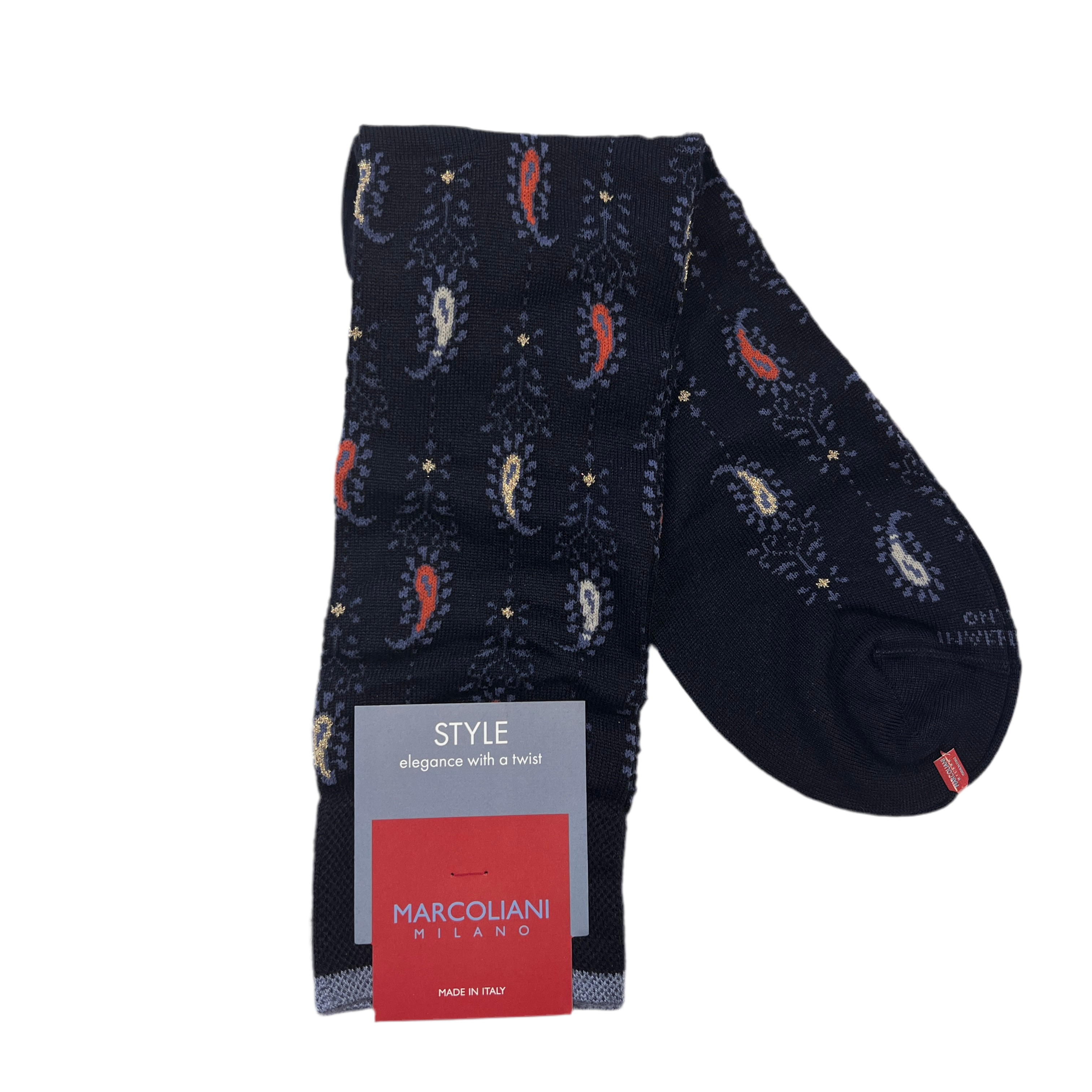 Marcoliani Mid-Calf Style Dress Sock-Nuwara Paisley-Navy