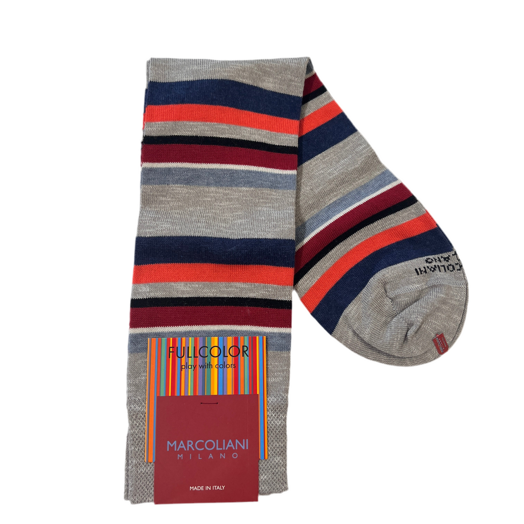 Marcoliani Mid-Calf Fullcolor Dress Sock-Eclectic Stripe-Grey Red