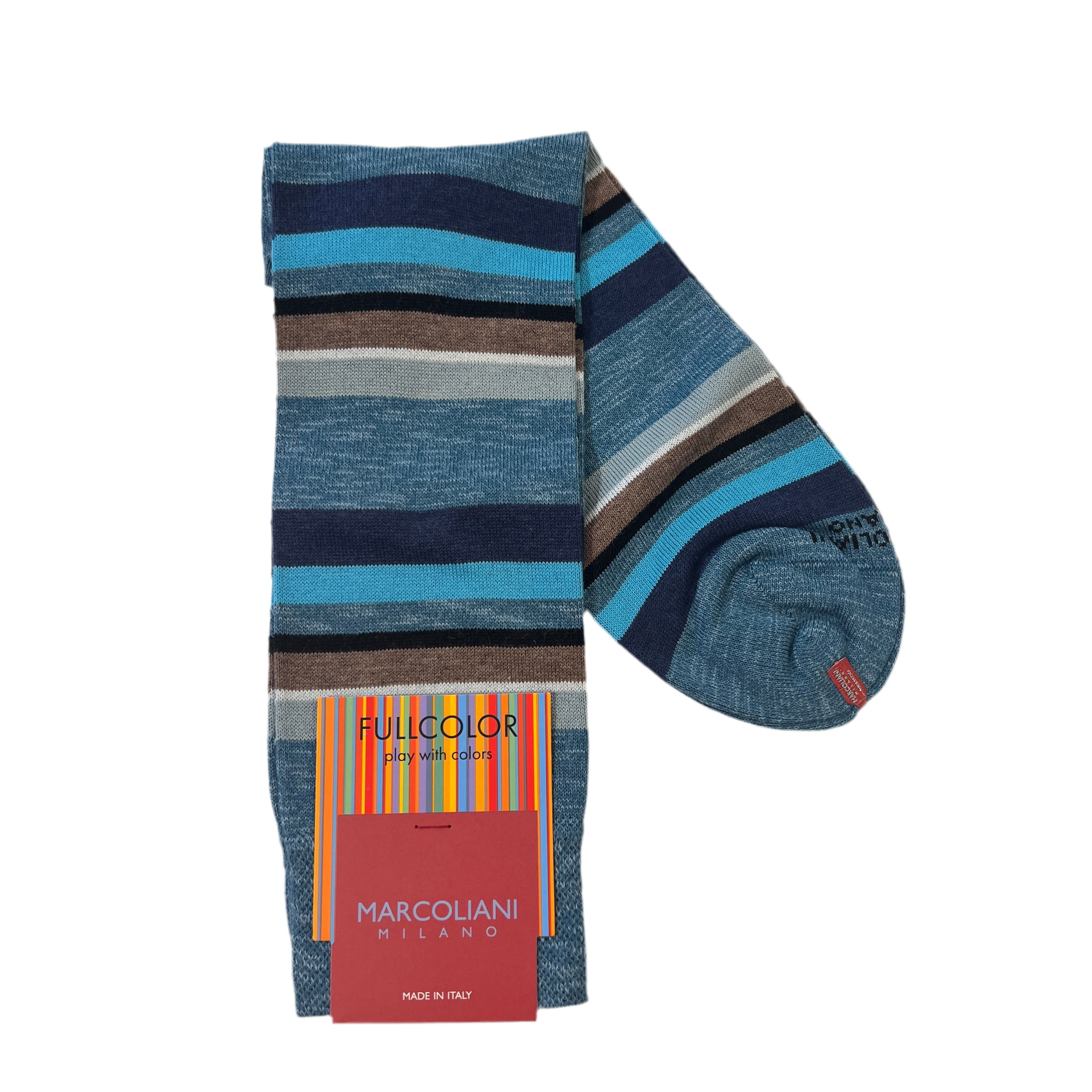 Marcoliani Mid-Calf Fullcolor Dress Sock-Eclectic Stripe-Petrol Green