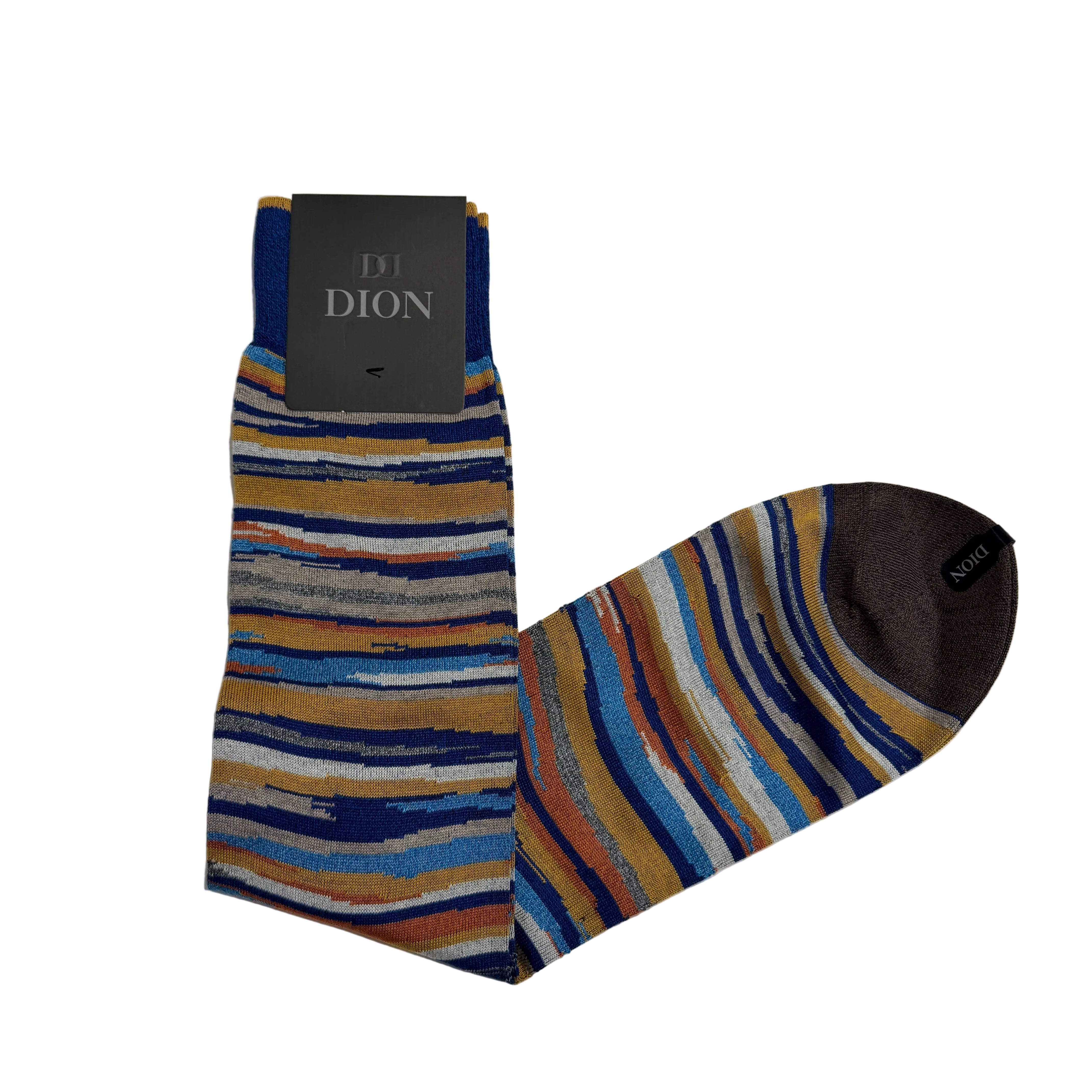 Dion Mercerized Mid-Calf Dress Sock- Jagged Stripe- Blue/Yellow