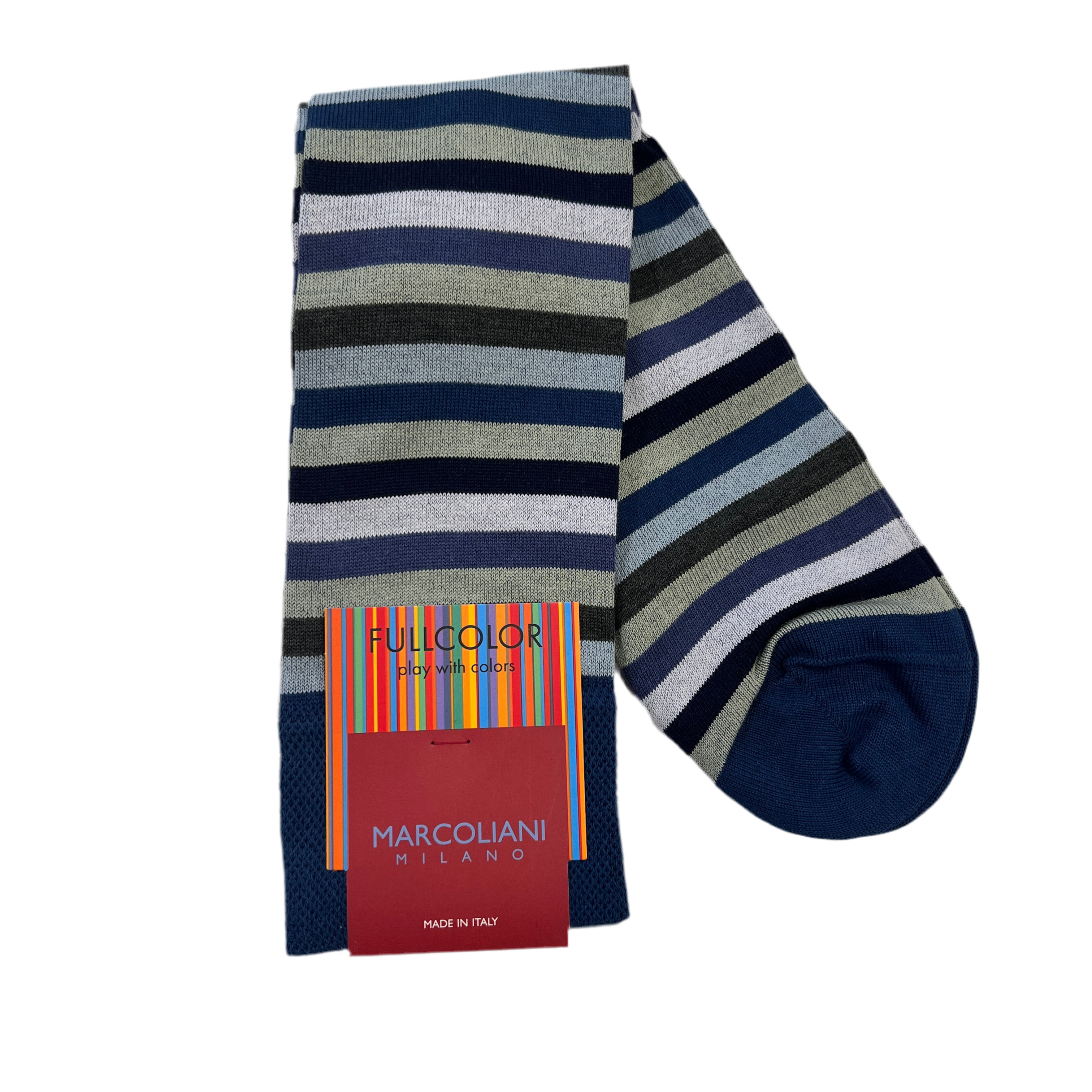 Marcoliani Mid-Calf Fullcolor Dress Sock-Rainbow Stripe-Denim Sage
