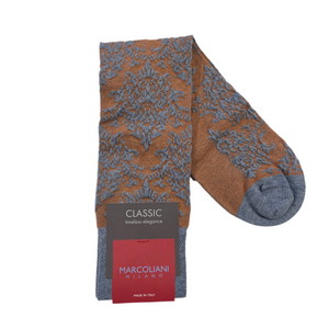 Marcoliani Mid-Calf Classic Dress Sock-Venezia Damask-Denim Orange