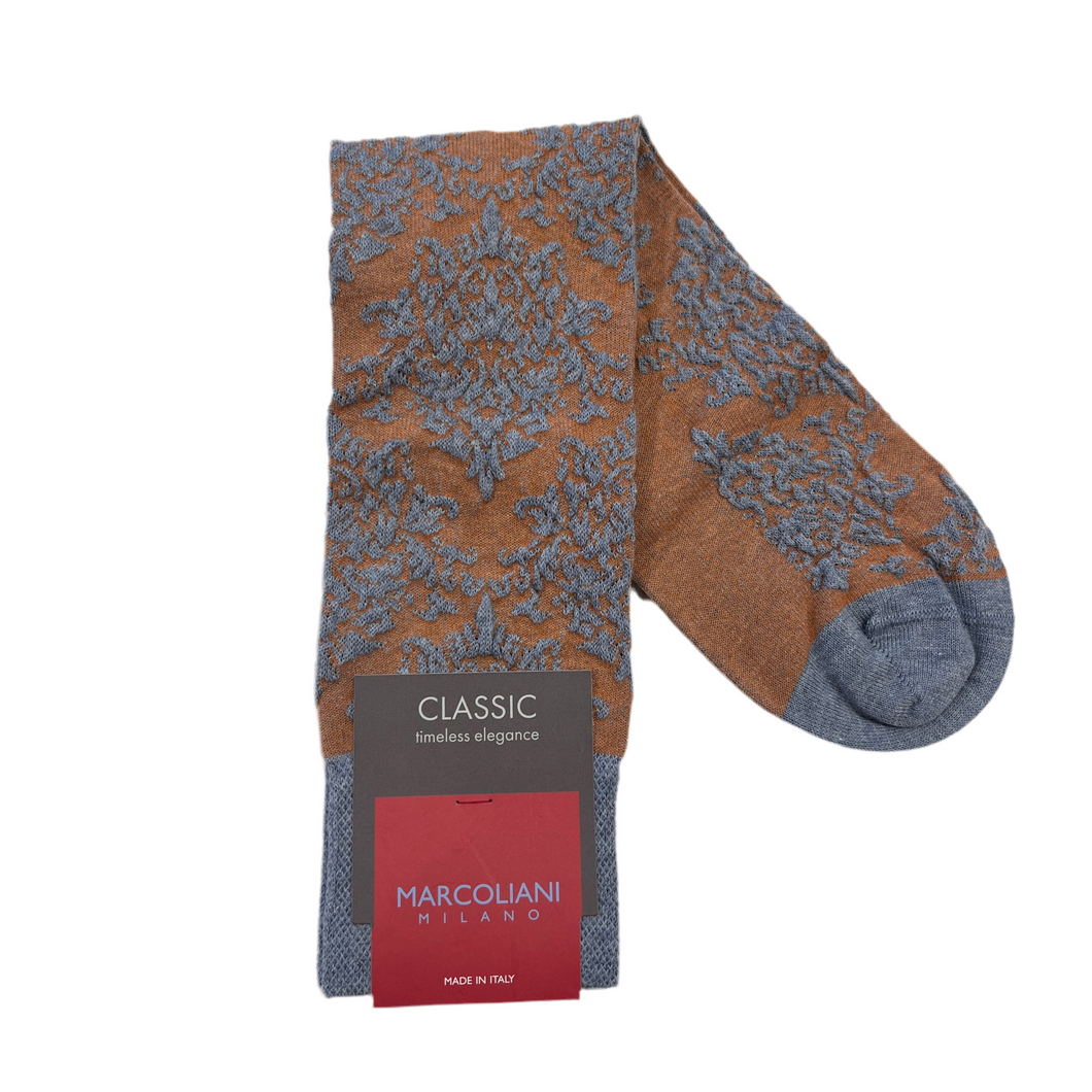Marcoliani Mid-Calf Classic Dress Sock-Venezia Damask-Denim Orange