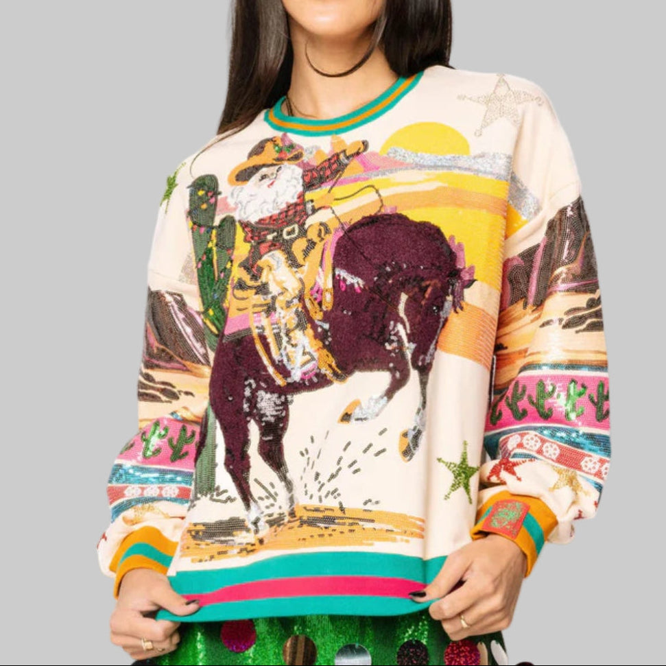 Queen of Sparkles Vintage Cowboy Santa Sweatshirt-Multi