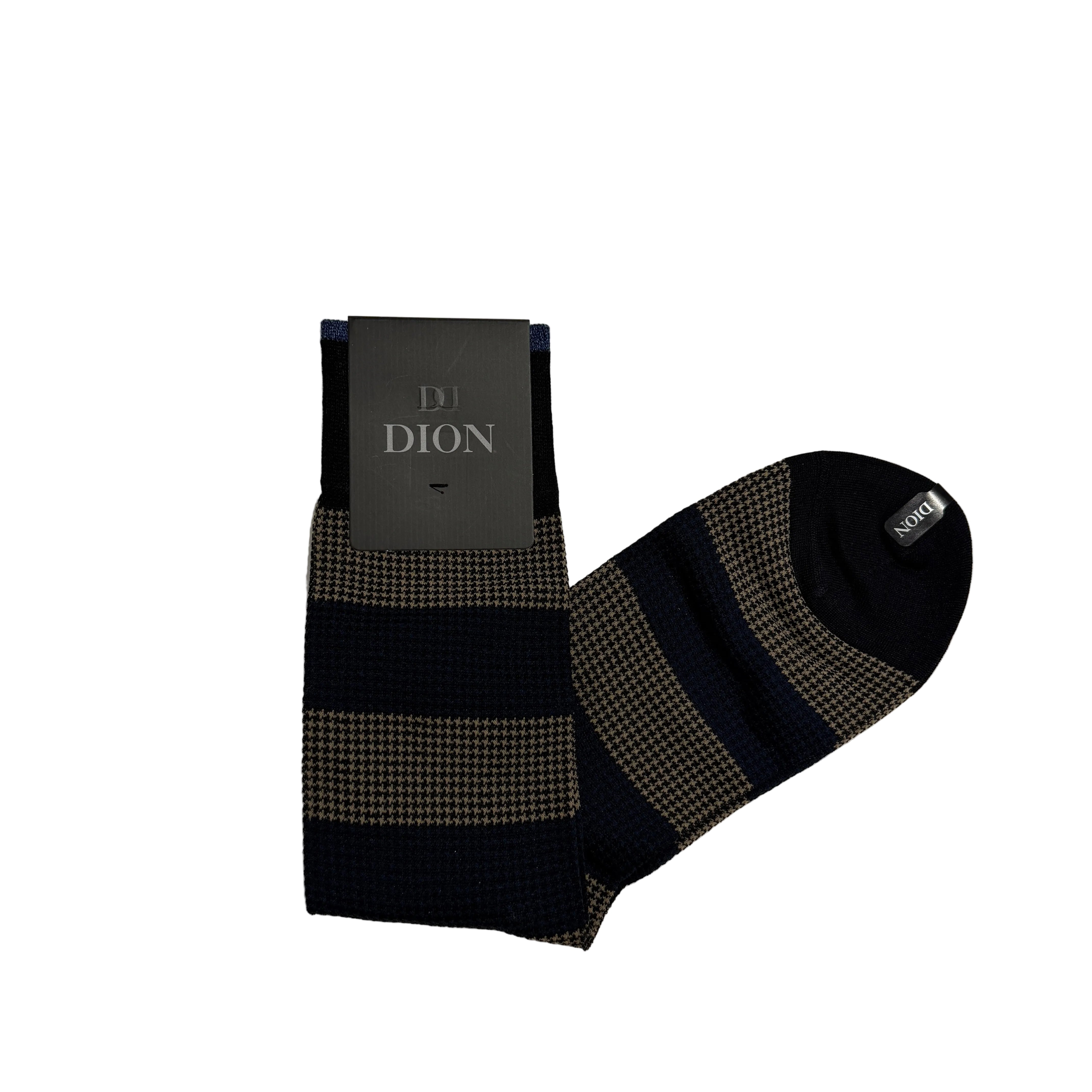 Dion Mid-Calf Dress Sock- Houndstooth Stripe- Navy/ Cream