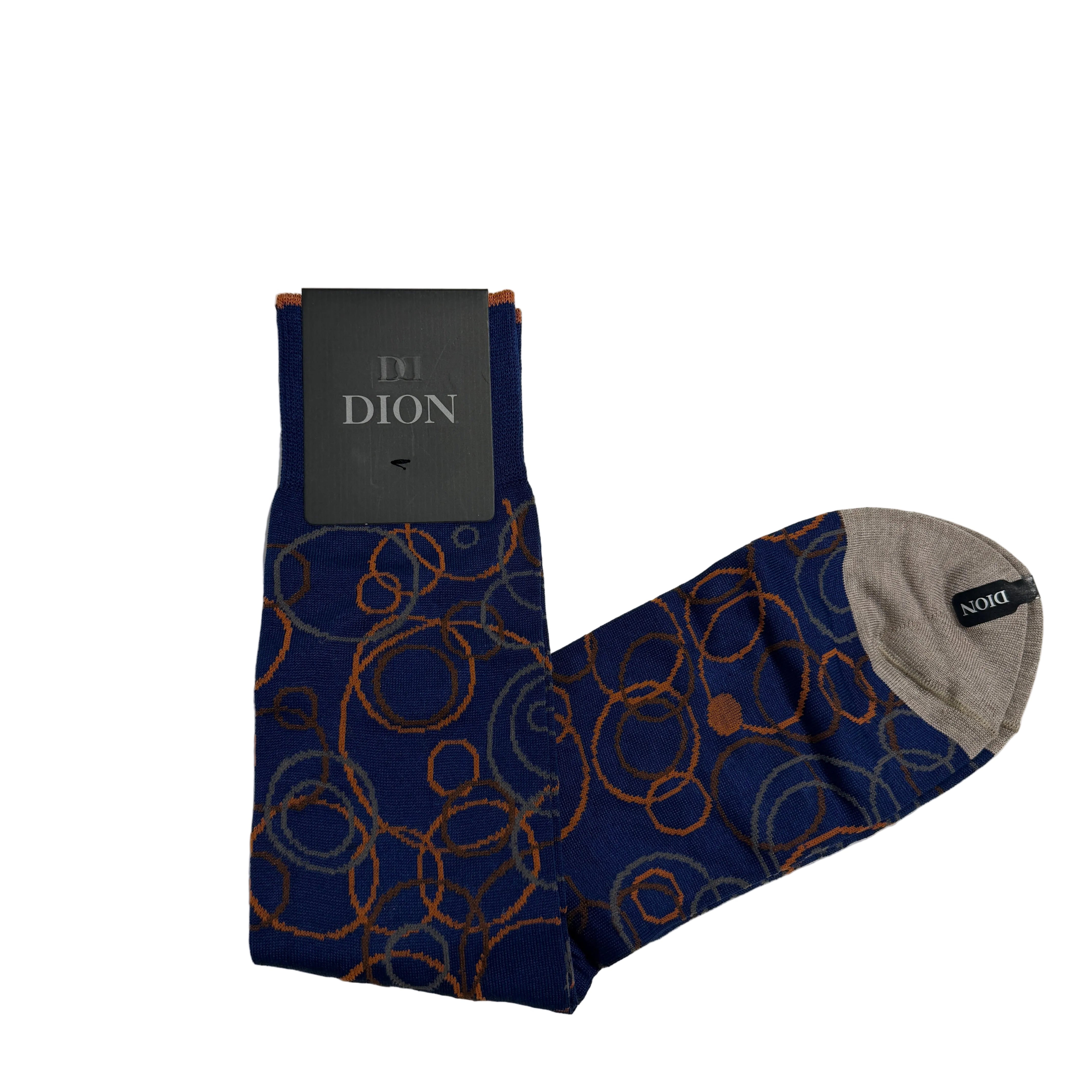 Dion Mid-Calf Dress Sock- Multi Circle- Blue/ Orange