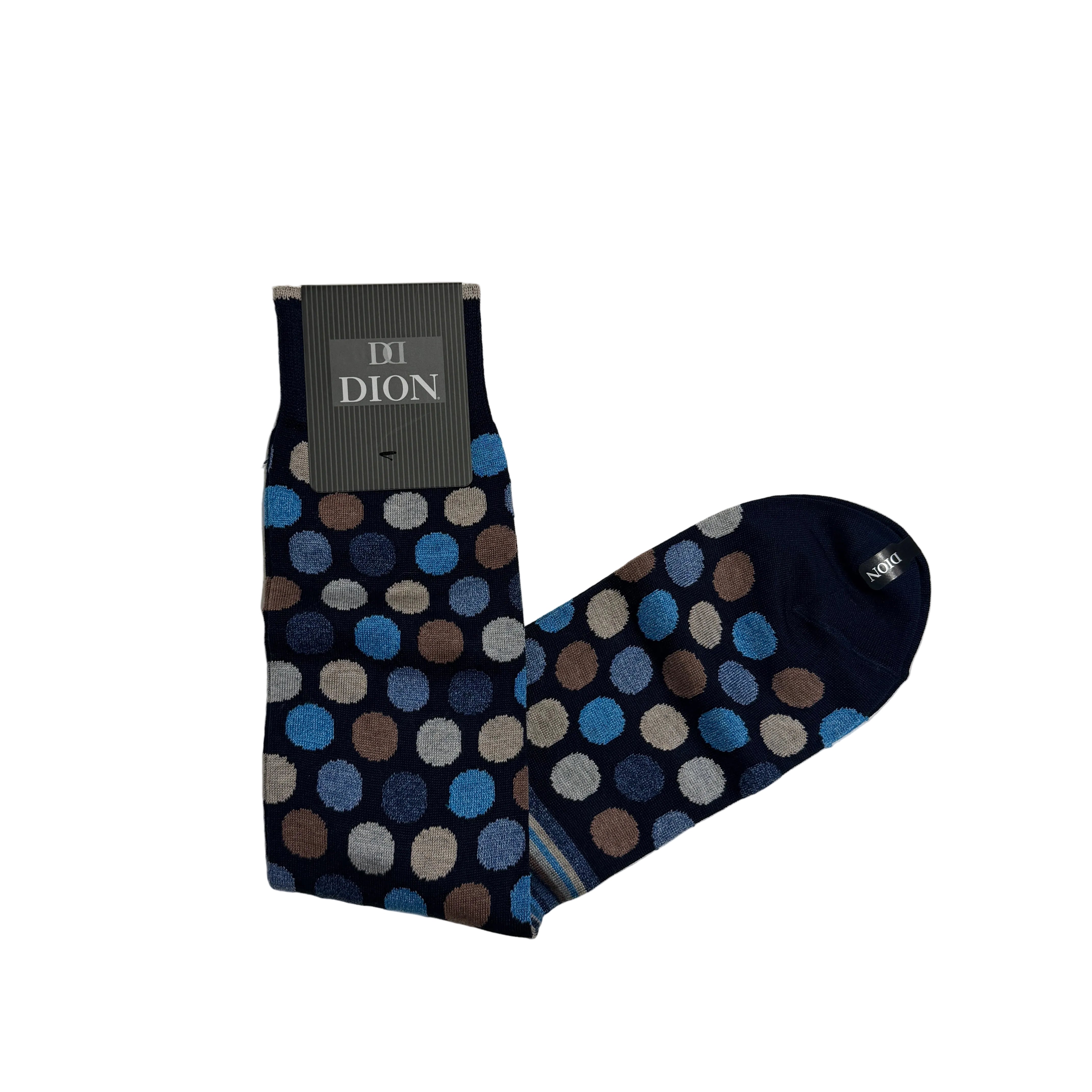 Dion Mercerized Mid-Calf Dress Sock- Multi Circle- Blue/Brown