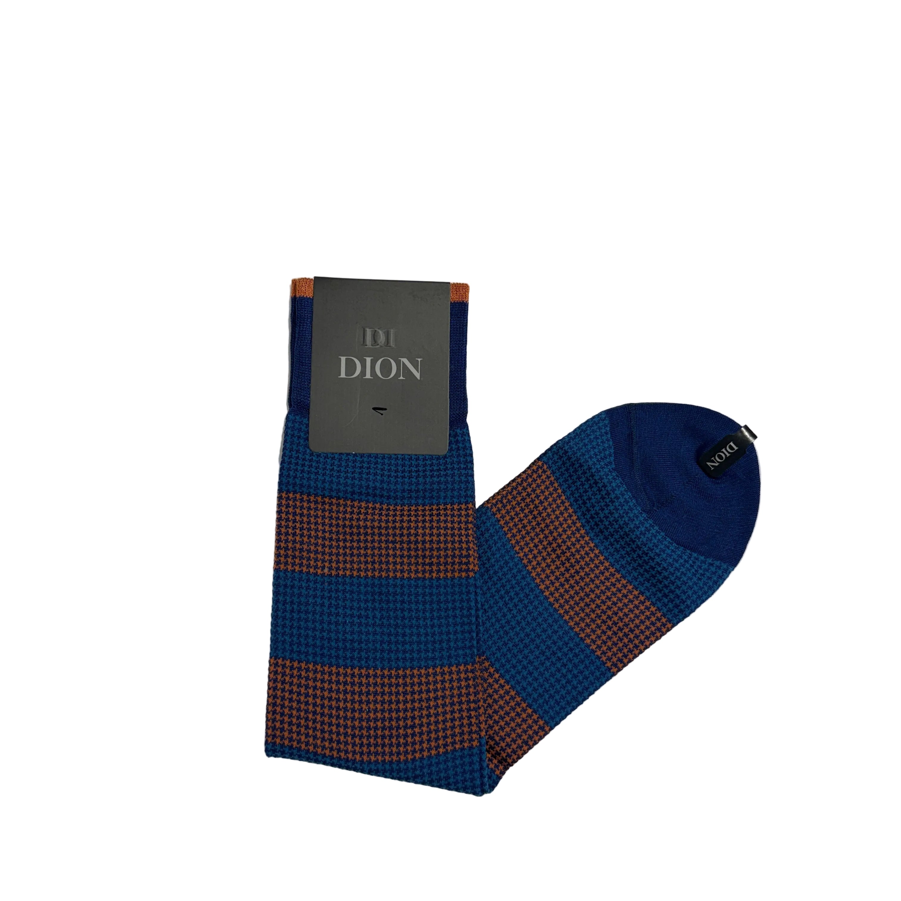 Dion Mid-Calf Dress Sock- Houndstooth Stripe- Blue/ Orange