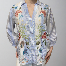 Load image into Gallery viewer, Johnny Was Emika Relaxed Smocked Shirt-Stripe
