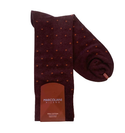 Marcoliani Mid-Calf Dress Sock-Barolo Red Polka Dots