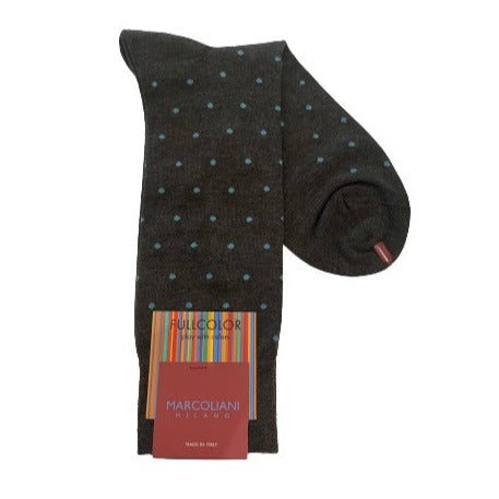 Marcoliani Mid-Calf Dress Sock-Coffee/Blue Polka Dots