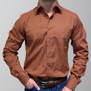 Emanuel Berg Poplin Stretch Sport Shirt-Brown & Rust Circles