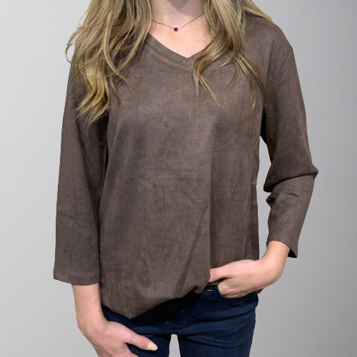 WAY Faux Suede 3/4 Sleeve Top-Chocolate
