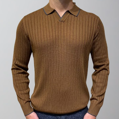 Raffi Drop Needle Johnny Collar Sweater-Caramel