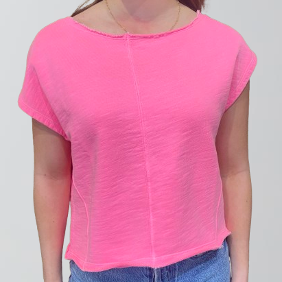 Bobi Short Sleeve Boatneck Sweatshirt-Neon Pink