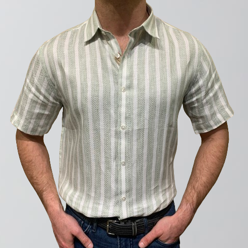 Stitch Note Short Sleeve Shirt-Green Herring Stripe