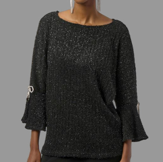 Joseph Ribkoff Fuzzy Metallic Knit Boxy Top- Black