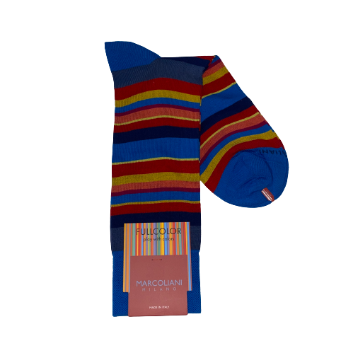 Marcoliani Mid Calf Dress Sock-Denim Turquoise Multicolor Stripe