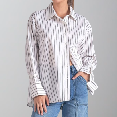 Elan Long Sleeve Button-up Shirt w/ Smock Wristband-White/Grey Stripe