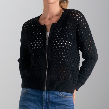 Elan Filet Crochet Zip Up Cardigan-Black