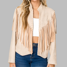 Load image into Gallery viewer, W.A.Y. Suede Fringe Open Front Jacket-Bone
