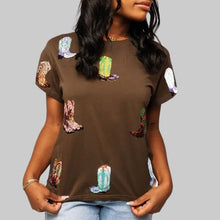 Load image into Gallery viewer, Queen of Sparkles Cowboy Boot Tee-Brown Multi
